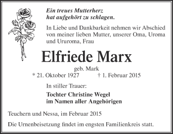 Traueranzeige von Elfriede Marx von WVG - Wochenspiegel NMB / WSF / ZTZ