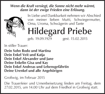 Traueranzeige von Hildegard Priebe von WVG - Wochenspiegel Wittenberg