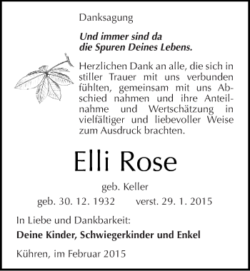 Traueranzeige von Elli Rose von Mitteldeutsche Zeitung Köthen