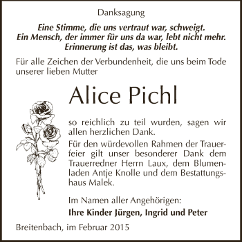 Traueranzeige von Alice Pichl von Super Sonntag SGH Mansf. Land
