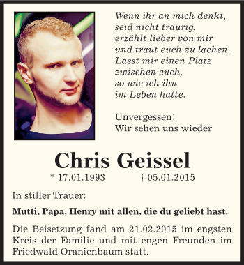 Traueranzeige von Chris Geissel von Mitteldeutsche Zeitung Dessau-Roßlau