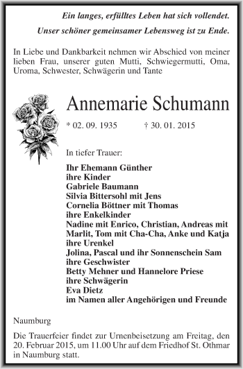 Traueranzeige von Annemarie Schumann von Mitteldeutsche Zeitung Naumburg/Nebra