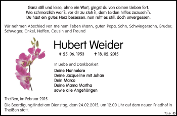 Traueranzeige von Hubert Weider von Super Sonntag Zeitz