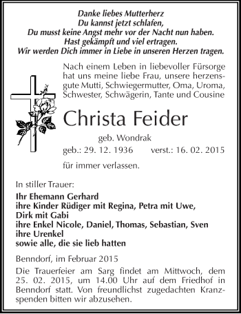 Traueranzeige von Christa Feider von Mitteldeutsche Zeitung Mansfelder Land