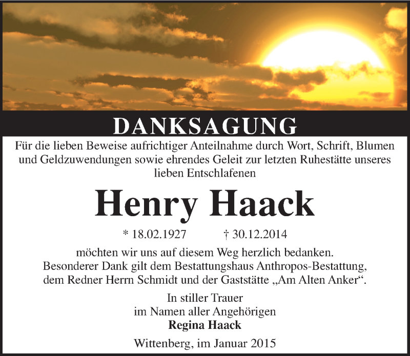  Traueranzeige für Henry Haack vom 07.02.2015 aus Mitteldeutsche Zeitung Wittenberg