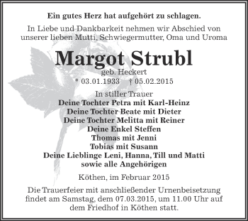 Traueranzeige von Margot Strubl von WVG - Wochenspiegel Dessau / Köthen