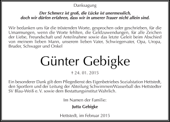Traueranzeige von Günter Gebigke von Mitteldeutsche Zeitung Mansfelder Land