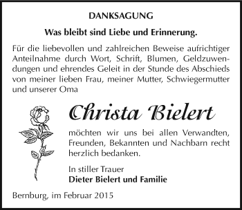 Traueranzeige von Christa Bielert von Mitteldeutsche Zeitung Bernburg