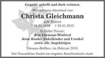 Traueranzeige von Christa Gleichmann von WVG - Wochenspiegel Dessau / Köthen
