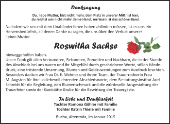 Traueranzeige von Roswitha Sachse von WVG - Wochenspiegel NMB / WSF / ZTZ