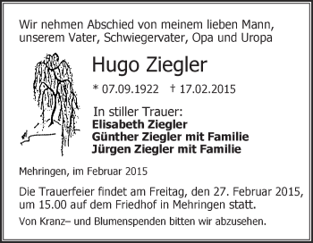 Traueranzeige von Hugo Ziegler von Super Sonntag Aschersleben