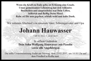 Traueranzeige von Johann Hauswasser von Super Sonntag SGH Mansf. Land