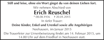 Traueranzeige von Erich Reuschel von Wochenspiegel Mansfelder Land