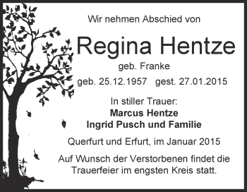 Traueranzeige von Regina Hentze von WVG - Wochenspiegel Merseburg