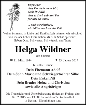 Traueranzeige von Helga Wildner von WVG - Wochenspiegel Dessau / Köthen
