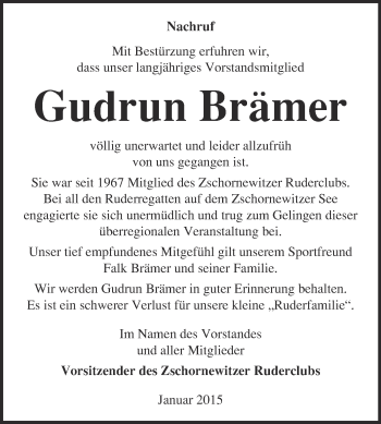 Traueranzeige von Gudrun Brämer von Super Sonntag Wittenberg