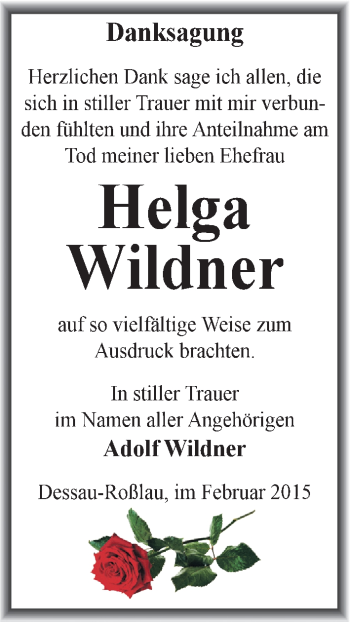 Traueranzeige von Helga Wildner von Mitteldeutsche Zeitung Dessau-Roßlau