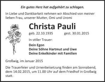 Traueranzeige von Christa Pauli von WVG - Wochenspiegel Wittenberg