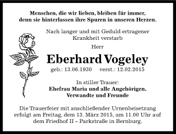 Traueranzeige von Eberhard Vogeley von Mitteldeutsche Zeitung Bernburg