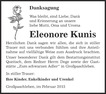 Traueranzeige von Eleonore Kunis von WVG - Wochenspiegel Dessau / Köthen