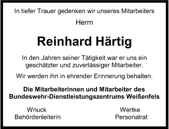 Traueranzeige von Reinhard Härtig von Mitteldeutsche Zeitung Weißenfels