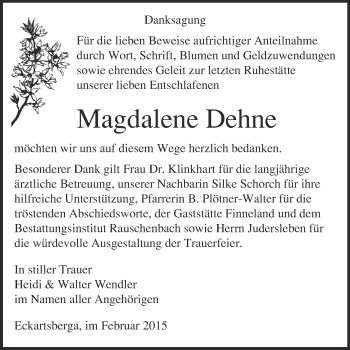 Traueranzeige von Magdalene Dehne von WVG - Wochenspiegel NMB / WSF / ZTZ