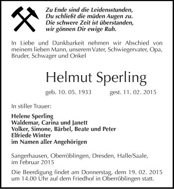Traueranzeige von Helmut Sperling von Mitteldeutsche Zeitung Sangerhausen