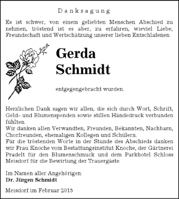 Traueranzeige von Gerda Schmidt von WVG - Wochenspiegel Aschersleben