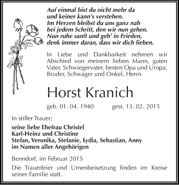 Traueranzeige von Horst Kranich von Mitteldeutsche Zeitung Mansfelder Land