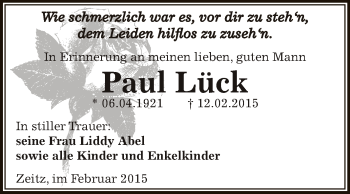Traueranzeige von Paul Lück von Super Sonntag Zeitz
