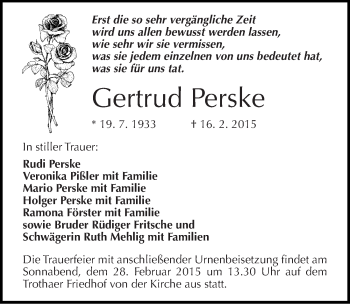 Traueranzeige von Gertrud Perske von Mitteldeutsche Zeitung Halle/Saalkreis