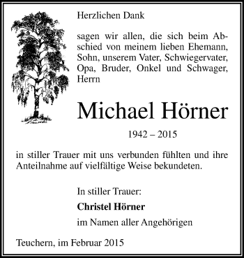 Traueranzeige von Michael Hörner von WVG - Wochenspiegel NMB / WSF / ZTZ