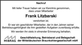 Traueranzeige von Frank Litzbarski von Mitteldeutsche Zeitung Weißenfels