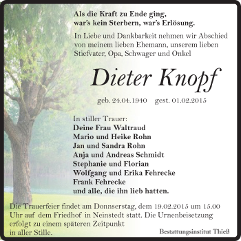 Traueranzeige von Dieter Knopf von Super Sonntag Quedlinburg