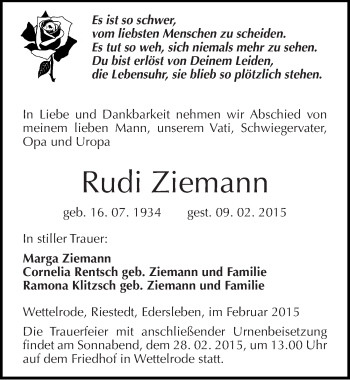 Traueranzeige von Rudi Ziemann von Mitteldeutsche Zeitung Sangerhausen