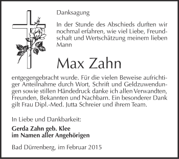 Traueranzeige von Max Zahn von WVG - Wochenspiegel Merseburg