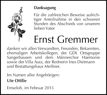 Traueranzeige von Ernst Gremmer von WVG - Wochenspiegel SGH