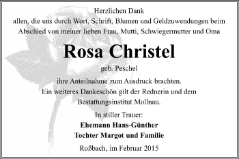 Traueranzeige von Rosa Christel von WVG - Wochenspiegel Merseburg