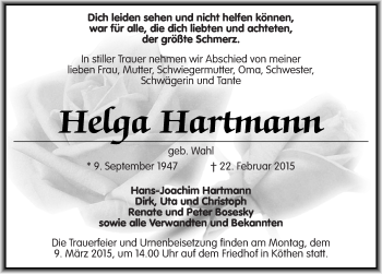 Traueranzeige von Helga Hartmann von Mitteldeutsche Zeitung Köthen