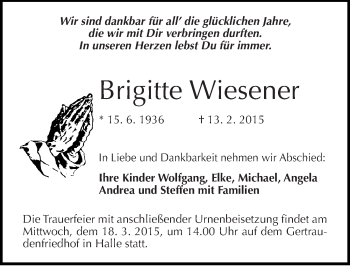 Traueranzeige von Brigitte Wiesener von Mitteldeutsche Zeitung Halle/Saalkreis