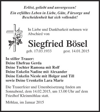 Traueranzeige von Siegfried Bösel von WVG - Wochenspiegel Wittenberg