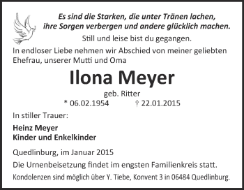 Traueranzeige von Ilona Meyer von Super Sonntag Quedlinburg