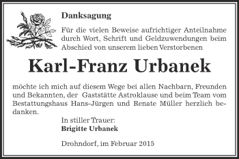 Traueranzeige von Karl-Franz Urbanek von Super Sonntag Aschersleben