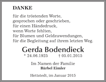 Traueranzeige von Gerda Bodendieck von Wochenspiegel Mansfelder Land