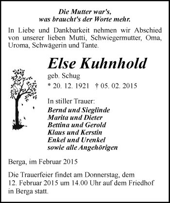Traueranzeige von Else Kuhnhold von Mitteldeutsche Zeitung Sangerhausen