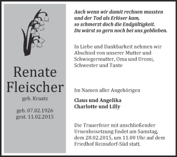 Traueranzeige von Renate Fleischer von WVG - Wochenspiegel Wittenberg