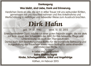 Traueranzeige von Dirk Hahn von WVG - Wochenspiegel Dessau / Köthen