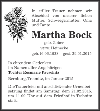 Traueranzeige von Martha Bock von Super Sonntag Bernburg
