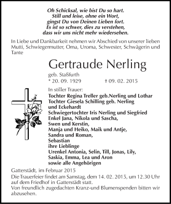 Traueranzeige von Gertraude Nerling von Mitteldeutsche Zeitung Merseburg/Querfurt