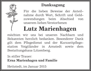 Traueranzeige von Lutz Marienhagen von Wochenspiegel Mansfelder Land